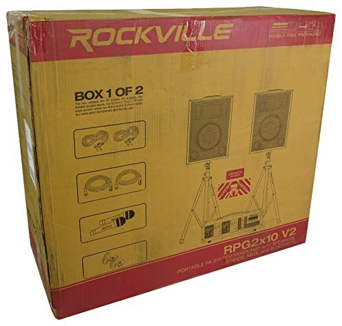 Rockville RPG2X10 V2 10 in Package PA System 200W RMS / 800W Peak, 4-Channel Powered Mixer with Bluetooth, 2 Speakers, 2 Stands, 2 RMM-XLR Mics, USB SD MP3, for DJ Karaoke Events - size: 10"
