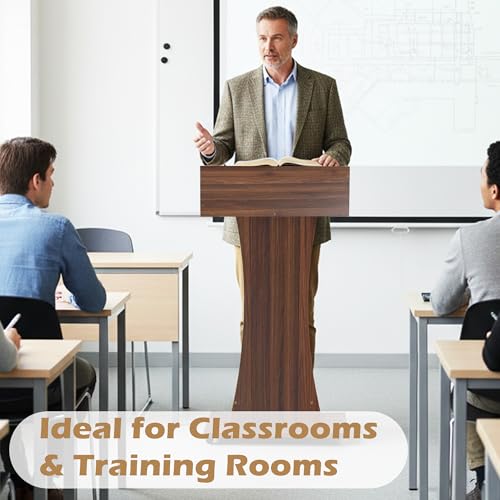 Podium Stand with Lockable Wheels,47"H Wooden Podium for Classroom, Mobile Pulpit Lectern with 3 Storage Shelves for Church, Office,Conference Room (Walnut) - color: Walnut