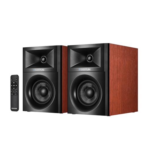 Sanyun SW205 2.0 Bookshelf Speakers, Room-Filling Expanded Stage, Dual-DSP | Built-in 24bit DAC, Bluetooth 5.4/Optical/AUX, 80W 4" Glass Fiber Woofer & Silk Dome Tweeter, Wireless RF Remote (Pair, Red) - color: Red