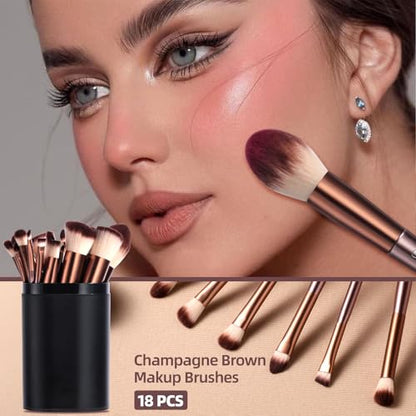BS-MALL Makeup Brush Set, 18 PCS Professional Makeup Brushes with Case, Premium Synthetic Foundation Powder Concealer Blush Eyeshadow Brushes, Complete Face & Eye Makeup Kit for Beginners & Pros - color: C-Brown