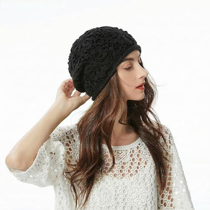 ZLYC Women Cotton Crochet Slouchy Beanie Hat Handmade Knit Summer Skull Cap | Lightweight breathable,boho casual chic look,travel photos festival party,café commute daily wear,beach concert gathering - color: Black Knitted