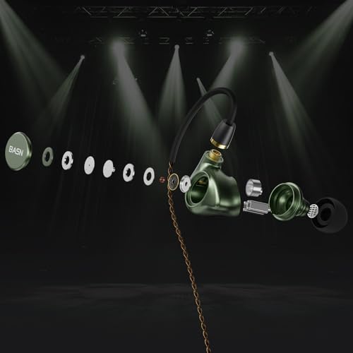 BASN Metalen 4 Drivers in-Ear Monitor Headphones (Metallic Green) | quad driver earbuds, noise isolating iems, deep bass for musicians drummers bassists, with carry iem case, memory foams - color: Green