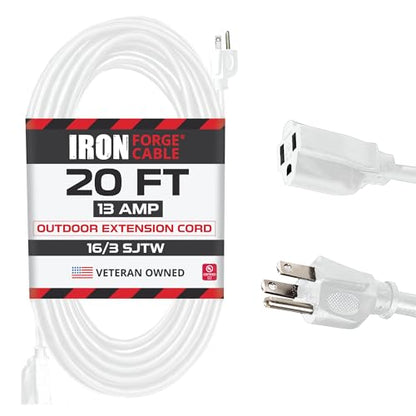 Iron Forge Cable 16 Gauge Heavy Duty White Extension Cord, 20 Ft - SJTW | 16/3 SJTW Cable, 3 Prong Grounded Plug, 13 Amp - For Landscaping, Leaf Blowers, Lights, Appliances - size: 20 Foot