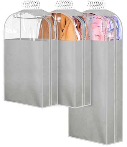 MISSLO 10" Gusseted Garment Bags for Hanging Clothes 40"+60" Clear Suit Bags for Closet Storage Dress Bag for Gowns Long Coat Protector, 3 Packs, Grey - color: Grey, size: 40+60 inch