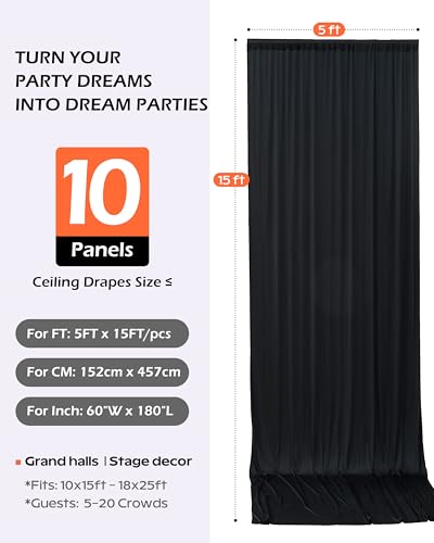 50ftx15ft Black Backdrop Curtain 10 Panels for Wedding Parties - color: Black, size: W5' x H15'(10 panels)