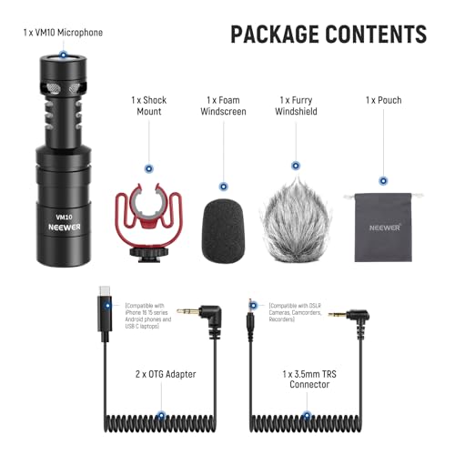 NEEWER VM10 Plug & Play Vlog Microphone for Camera, Mini Supercardioid Mic | 20-20KHz, Compatible with Sony Canon Nikon iPhone Samsung Android Tablet Mac, 3.5mm TRS, USB C OTG, Shock Mount, Windscreen - style: VM10