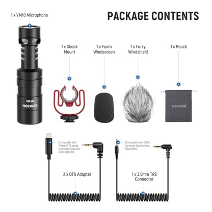 NEEWER VM10 Plug & Play Vlog Microphone for Camera, Mini Supercardioid Mic | 20-20KHz, Compatible with Sony Canon Nikon iPhone Samsung Android Tablet Mac, 3.5mm TRS, USB C OTG, Shock Mount, Windscreen - style: VM10