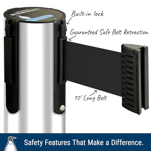 Commercial-Grade Stanchion 2-Pack by Visiontron – RETRACTA-Belt Prime (Model P100PS1) 10’ Retractable Belt Barrier - Heavy Base Crowd Control Barrier (Polished Stainless Steel w/Caution Belt) | Commercial Grade Retractable Belt Stanchions, PRIME, Cement B