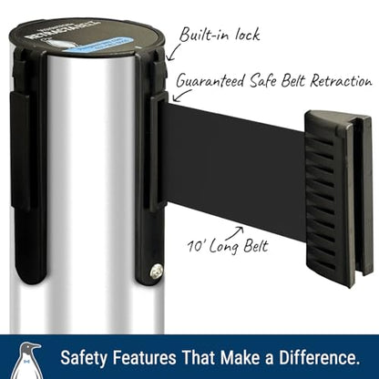 Commercial-Grade Stanchion 2-Pack by Visiontron – RETRACTA-Belt Prime (Model P100PS1) 10’ Retractable Belt Barrier - Heavy Base Crowd Control Barrier (Polished Stainless Steel w/Caution Belt) | Commercial Grade Retractable Belt Stanchions, PRIME, Cement B