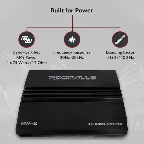 Rockville RVF-2 4-Channel Car Amplifier, 1200W Peak/300W RMS, Class-AB, MOSFET, Adjustable Crossover, Bass EQ, Perfect for Subwoofers and Car Audio | MOSFET Power Supply, Adjustable Crossover, 12dB Bass EQ, IC Protection, Soft Start, 2 Ohm Stable, LP/HP F