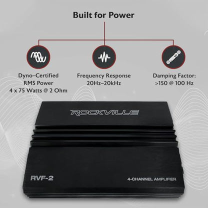 Rockville RVF-2 4-Channel Car Amplifier, 1200W Peak/300W RMS, Class-AB, MOSFET, Adjustable Crossover, Bass EQ, Perfect for Subwoofers and Car Audio | MOSFET Power Supply, Adjustable Crossover, 12dB Bass EQ, IC Protection, Soft Start, 2 Ohm Stable, LP/HP F
