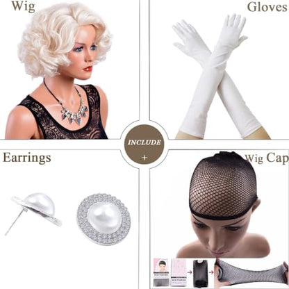 12" Short Big Curly Wavy Wigs for Women Cosplay Layered Platinum Blonde Wig | Halloween Costume Set with Platinum Blonde Wig+Stud Earrings+White Gloves Accessories Coser Party Prom Synthetic Hair - color: Platinum Blond+Set