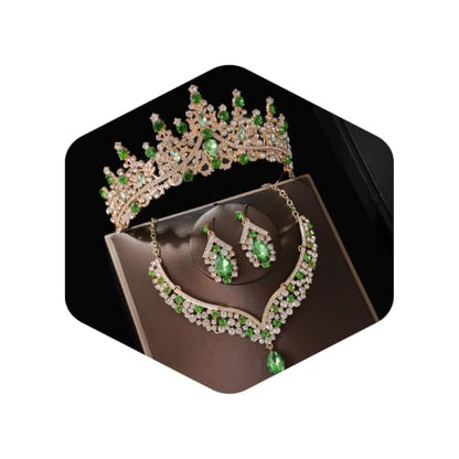 Tiaras Crowns for Women,Wedding Jewelry Set, Tiaras Necklace Earrings Crystal Bridal Wedding Jewelry Sets for Brides Bridesmaid Prom Costume Accessories - color: Gold lack green