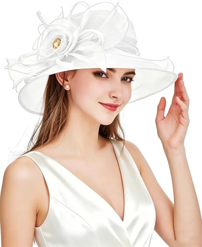 Women Derby Fascinator Hat Organza Church Wedding Hats Wide Brim Cocktail Tea Party Hat - color: 08 White