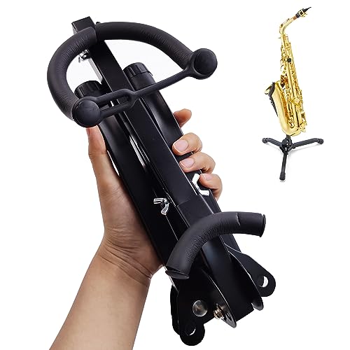 Alto Tenor Saxophone Stand, Foldable Portable Metal Holder | Heavy duty black metal construction, foldable compact design, reliable floor holder for alto and tenor saxophones - size: S