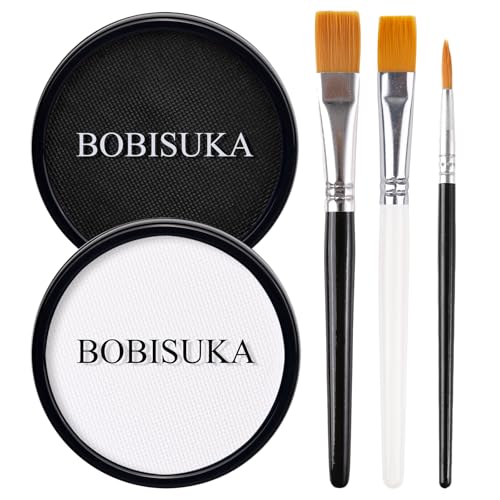 BOBISUKA Black White Face Body Paint, Water Based Face Painting Kit Body Paints with Brushes, Non-Toxic Facepaint for Halloween Party Clown Joker Goth Skull SFX Makeup Costume Cosplay Stage Dress-Up - color: Black,White