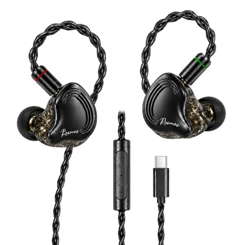 Rosmas SM10 Pro USB C Wired IEM Earbuds with Mic, Detachable 2-Pin Cable, 4BA+1DD Hybrid in-Ear Headphones, Secure Over-Ear Fit for Phone, Tablet and PC,Black - color: Black