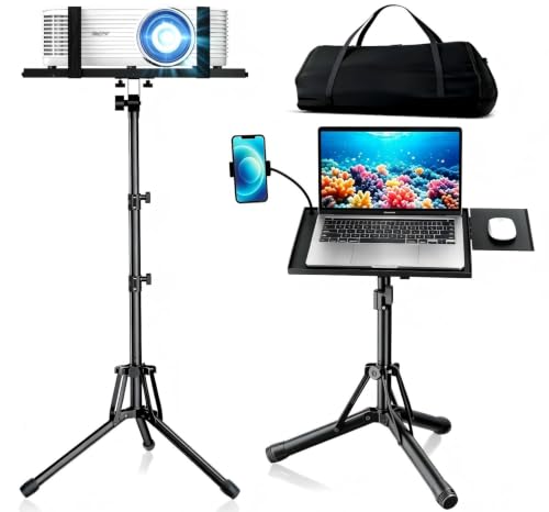 Projector Stand Tripod, Foldable Laptop Tripod with Adjustable Height | Includes Phone Holder, Mouse Tray & Carry Bag, 180° Tilt Tray for Home, Office, DJ, Studio & Outdoor Movies