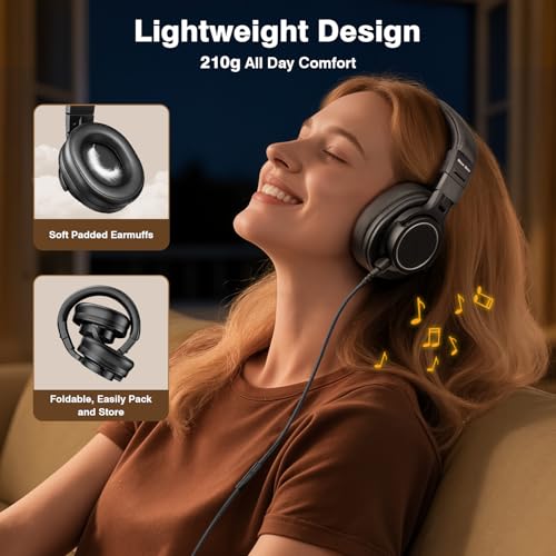 New Bee Wired Over Ear Headphones, Studio Headphones with 50mm Drivers and 6.35mm & 3.5mm Jack DJ Headphones for Studio Monitor & Mixing DJ Guitar AMP Podcast Piano Keyboard | Over Ear Headphones with Cable, 6.35 & 3.5 mm Jack Cable Headphones for Studio,