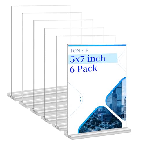 TONICE Acrylic Sign Holder 5 x 7 inch 6 Pack Double-Sided Plastic Sign Holder Stand Vertical Display Table Top Sign Holder for Office, Restaurants, Store, Wedding, Party