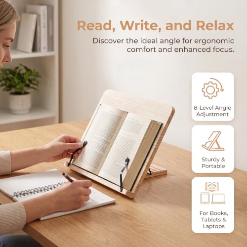 Reading Rack Wooden Bookshelf - Book Stand Foldable with 8 Adjustable Positions and Page Clips,Suitable for cookbooks、iPads、laptops、Sheet Music、and Reading Stands - size: 11x7.9inch