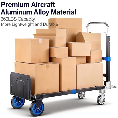 Upgraded 3 in 1 Convertible Hand Truck Aluminium Dolly Cart with Wheels Folding Hand Truck 660lbs Capacity, Collapsible Dolly and Retractable Handle for Warehouse Supermarket