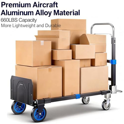 Upgraded 3 in 1 Convertible Hand Truck Aluminium Dolly Cart with Wheels Folding Hand Truck 660lbs Capacity, Collapsible Dolly and Retractable Handle for Warehouse Supermarket