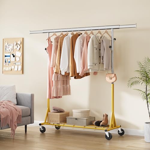 Gewudraw Clothes Rack Heavy Duty 530 LBS Capacity, Portable, Foldable, Gold | Rolling Clothing Rack With 4" Wheels,Shelf, Hooks, Adjustable, Collapsible, Garment Rack for Wardrobe,Bedroom, Laundry Room - color: Gold, style: Single Rod