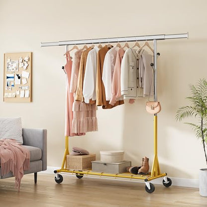 Gewudraw Clothes Rack Heavy Duty 530 LBS Capacity, Portable, Foldable, Gold | Rolling Clothing Rack With 4" Wheels,Shelf, Hooks, Adjustable, Collapsible, Garment Rack for Wardrobe,Bedroom, Laundry Room - color: Gold, style: Single Rod