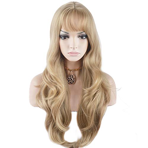BERON 26 Inches Blonde Wig Long Wavy Wig Ash Blonde Wigs with Bangs for Women Gold Blonde Synthetic Wigs with Hairnet - color: Dust Blonde, size: Long