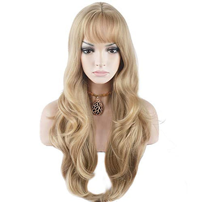 BERON 26 Inches Blonde Wig Long Wavy Wig Ash Blonde Wigs with Bangs for Women Gold Blonde Synthetic Wigs with Hairnet - color: Dust Blonde, size: Long