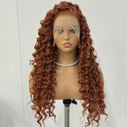 RONGDUOYI Ginger Long Curly Lace Wig Glueless Synthetic Lace Front Wigs For Women Heat Resistant Cosplay Orange 24Inch Long Deep Curl Wig Princess Merida Cosplay - color: Ginger Orange