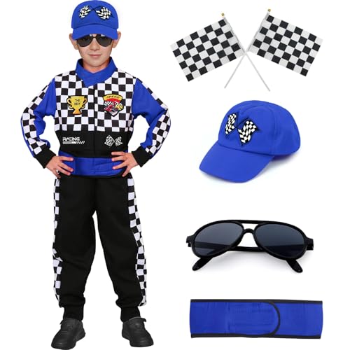 Latocos Kids Race Car Driver Costume Boys Girls Racer Jumpsuit With Car Cap Sunglasses Kids Dress Up Role Play for Halloween - color: Blue, size: M(7-9)