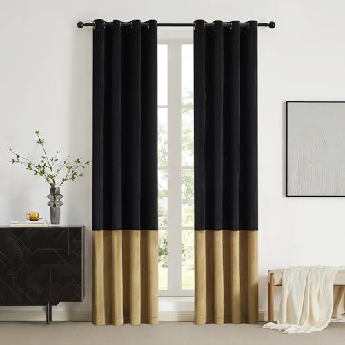 BULBUL Black Gold 100% Full Blackout Velvet Curtains,72 inches Long Modern Liner Curtains Thermal Drapes Panels for Living Room Bedroom Grommet Set of 2 - color: Black & Gold, size: 52"W x 72"L (Pack of 2)