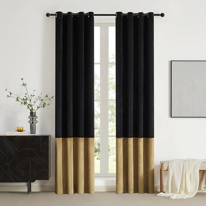 BULBUL Black Gold 100% Full Blackout Velvet Curtains,72 inches Long Modern Liner Curtains Thermal Drapes Panels for Living Room Bedroom Grommet Set of 2 - color: Black & Gold, size: 52"W x 72"L (Pack of 2)
