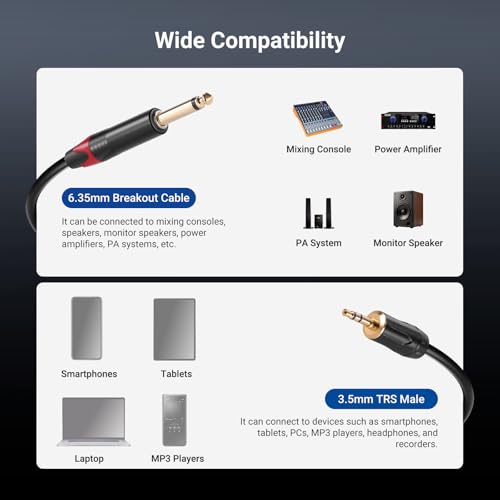 NEEWER 3.5mm 1/8 TRS to 1/4 Dual 6.35mm TS Breakout Cable, 10 ft Male to Male Stereo Audio Splitter Cord Adapter for Phone Tablet Laptop Computer Mixer Speaker Studio Monitor PA System, MS027 - size: 3.5mm（304cm）, style: Dual TS Male
