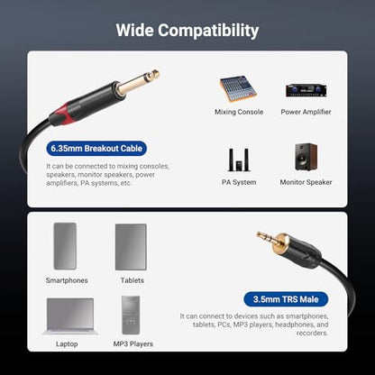 NEEWER 3.5mm 1/8 TRS to 1/4 Dual 6.35mm TS Breakout Cable, 6 ft Male to Male Stereo Audio Splitter Cord Adapter for Phone Tablet Laptop Computer Mixer Speaker Studio Monitor PA System, MS027 - size: 3.5mm（182cm）, style: Dual TS Male