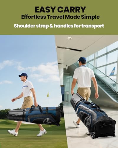 OutdoorMaster Golf Travel Bags for Airlines with Wheels and Hard Case Top | Protect Golf Clubs, 1680D Nylon Waterproof Fabric, Compact Folding, Accessories Compartment, Easy to Maneuver - color: Blue