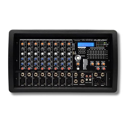 MUSYSIC 8 Channel 4500W Digital DJ Audio Mixer Power Soundboard | with Amplifier 7-Band EQ, 16 DSP FX, Phantom 48V, USB, SD, Bluetooth, FM, XLR Mixing Board for Music - MU-MX8fxD