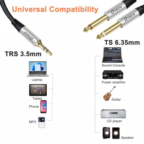DTECH 5ft 3.5mm to 1/4 Adapter Audio Stereo Cable TRS 1/8 to Dual Quarter Inch TS 6.35mm Y Splitter Guitar AMP Aux Cord for Headphones Jack Laptop Speaker Phone Mixer (Pack of 2) - size: 5ft (Pack of 2)