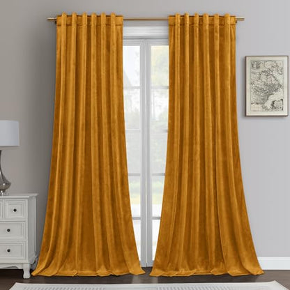 HOMEIDEAS Mustard Yellow Velvet Curtains, 52 x 84 Inches Long Thick and Luxury Room Darkening Thermal Insulated Pocket Back Tab Window Drapes for Living Room, Halloween - color: Mustard Yellow, size: 52"W x 84"L (Pack of 2)