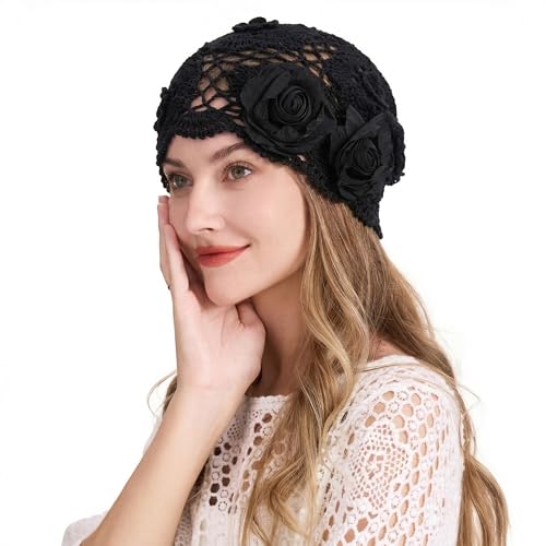 ZLYC Women Cotton Crochet Slouchy Beanie Hat Handmade Knit Summer Skull Cap | Lightweight breathable,boho casual chic look,travel photos festival party,café commute daily wear,beach concert gathering - color: Decorative Flowers Black