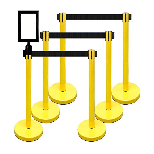 Retractable Stanchion, 6 SPECIALTY Posts + Signframe, 36" Ht, 78" Special Event & Holiday Theme Belt + Bonus Replacement Cassettes + Wall Receiver (YEL Post/Black Belt) - color: Yel Post/Black Belt