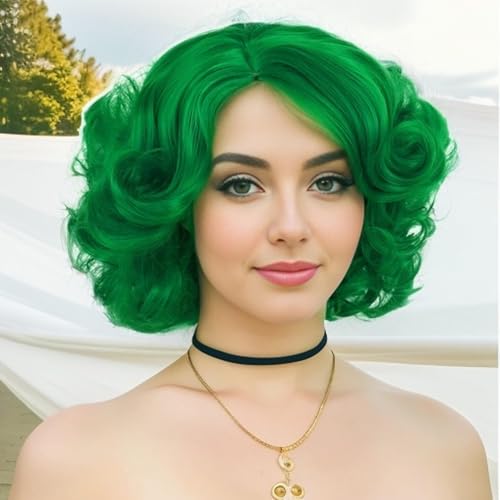 Short Curly Green Wigs For Women Cosplay St Patricks Day Costume Dress Up | Big Layered Wavy Synthetic Hair Halloween Costume Party Drag Queen Dress Up Dark Green Wig with Side Bangs Irish Queen Trendy - color: Green