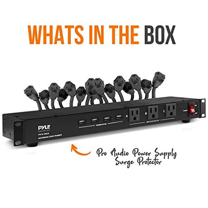 Pyle 19 Outlet 1U 19" Rackmount PDU Power Distribution Supply Center Conditioner Strip Unit Surge Protector 15 Amp Circuit Breaker 4 USB Multi Device Charge Ports 15FT Cord, Black - PCO865 | 15 Amp Circuit Breaker - 4 USB Ports - 15FT Cord - Power Supply