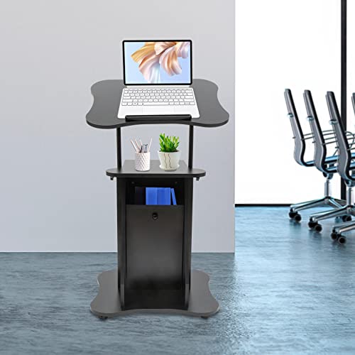 Mobile Laptop Podium, Height Adjustable Sit to Stand Desk with Tilting Desktop & Storage Cabinet, Ergonomic Rolling Lectern Cart Laptop Desk, Office Podium Stand on Wheels (1 Set: with Sliding Door)