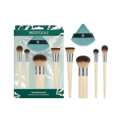EcoTools 5 Piece Everyday Edit Makeup Brush Set With Powder Puff | Easy touch-ups anywhere with a travel makeup brush set with powder puff, concealer brush, vegan and cruelty-free
