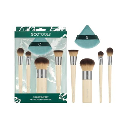 EcoTools 5 Piece Everyday Edit Makeup Brush Set With Powder Puff | Easy touch-ups anywhere with a travel makeup brush set with powder puff, concealer brush, vegan and cruelty-free