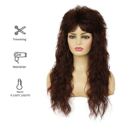 Brown Long Curly Mullet Wigs for Women 70s 80s Rocker Punk Wig with Bangs Synthetic Fibre Wig for Halloween Party Cosplay Use - color: Long Brown