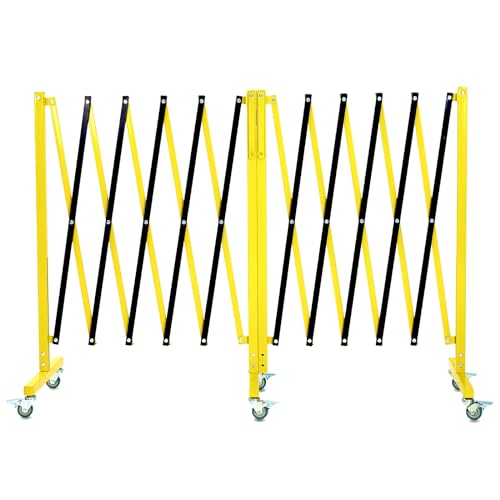 Garvee 19.8 ft Industrial Expandable Metal Barricade, Rotatable & Portable Safety Barrier with a Warning Board and Casters, Retractable Traffic Fence Mobile Safety Barrier Gate Yellow Black - size: 19.8FT